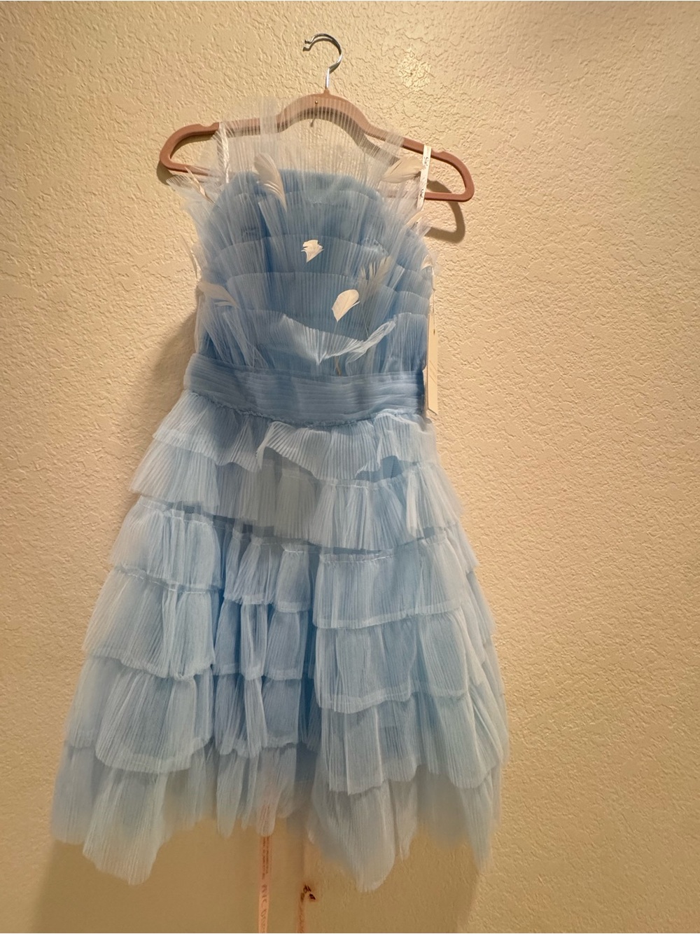 NWT Mac Duggal Light Blue Tulle Strapless Mini Dress Feather Accents ($798) - Picture 6 of 9